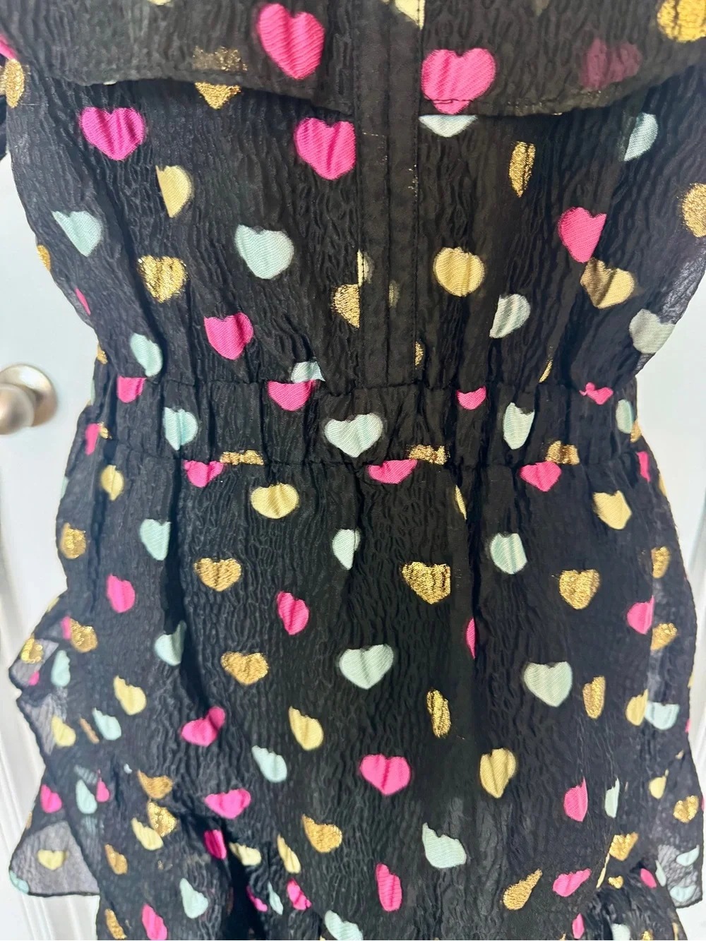 Women’s Buddy Love Black Heart Print Ruffle Dress with Gold Accent - Picture 4 of 9